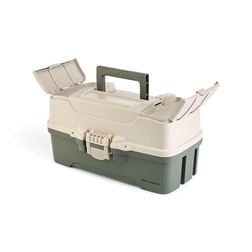Fishing Tackle Box with Deep Storage and Top-Access Trays - Tan/Green, Rust-Proof Brass Latch, Portable Organizer - Bass Variation