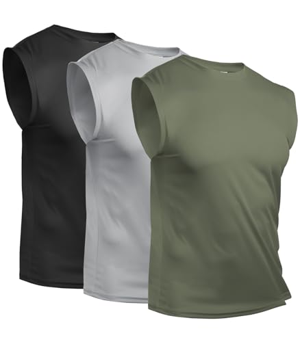 Suwangi Men's Tank Tops 3 Pack Quick Dry Workout Sleeveless Shirts - Large, Black/Grey/Army Green