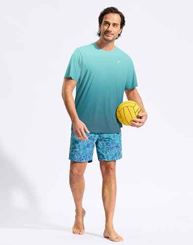 Men's UPF 50+ Quick Dry Water Beach Rash Guard Shirt Gradient Blue Fish XL - Sun Protection Swimwear