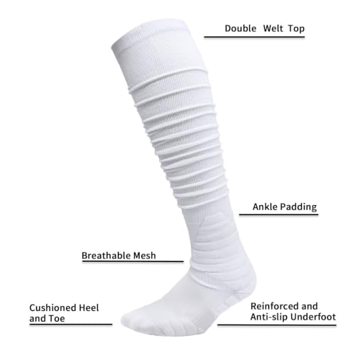 Soccer & Football Socks - Extra Long Padded Sports Socks for Men & Boys, Medium White - 2 Pairs