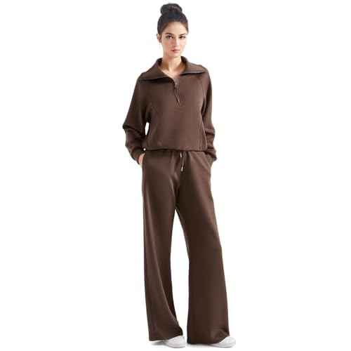SUUKSESS Women 2 Piece Lounge Matching Set Wide Leg Sweatpant Half Zip Sweatshirt