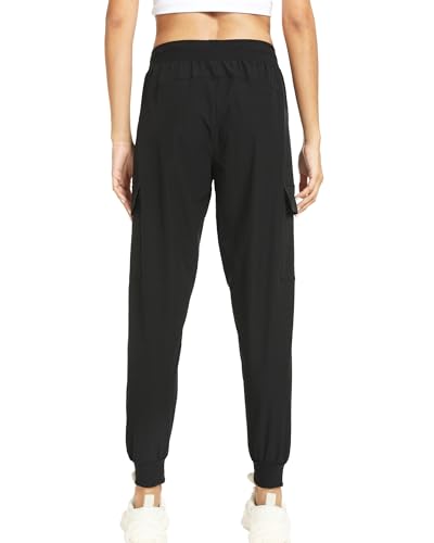 Women's Lightweight Hiking Cargo Joggers with 4 Pockets - Dark Black, Large