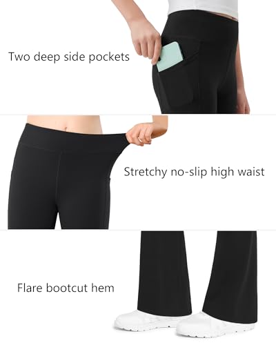 High Waisted Flare Leggings for Girls with Pockets - Large Black