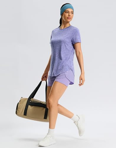 Women's Workout Shirts Bum-Covering Length Short Sleeve Lightweight Dry Fit - Large Purple
