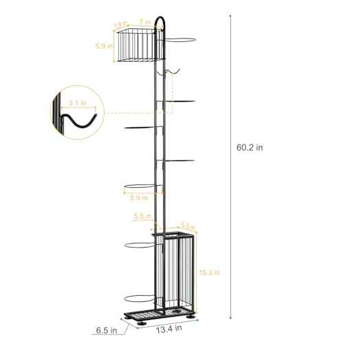 melos 7 Tier Basketball Ball Storage Rack, Freestanding Basketball Holder Garage Ball Storage Sport Organizer Rack with Basket for Volleyball Football Basketball, Indoor/Outdoor