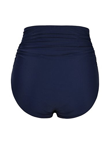 Firpearl High Waisted Bikini Bottoms Ruched Tummy Control Swimwear - Navy, Size 6