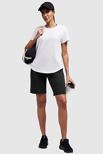 Women's Bermuda Shorts with Pockets High-Waisted Knee Length Athletic Running Yoga Black Large