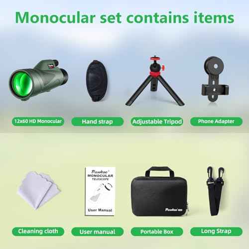 Pankoo 12x60 HD Monocular Telescope for Adults high Powered | Comes with Smartphone Adapter Tripod Hand Strap | Suitable for Bird Watching Sports Hiking Traveling