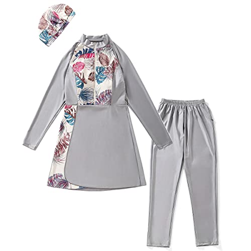 Modest Burkini Swimsuit for Women with Long Sleeve, Built-in Bra, Pants & Hijab - Medium Gray