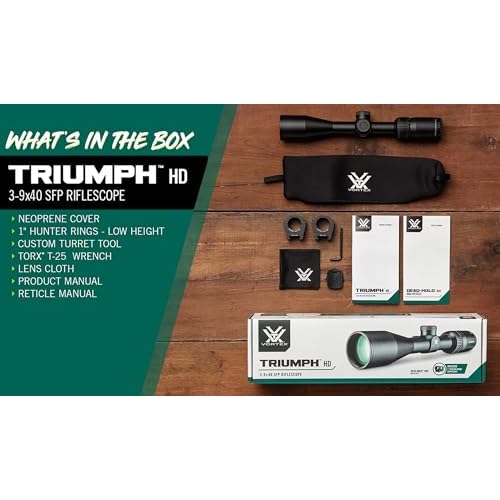 Vortex Triumph HD 3-9x40 Second Focal Plane, 1-inch Tube Riflescope Kit - Dead-Hold BDC (MOA) Reticle, 1" Hunter Rings - 0.90" Low Height, Neoprene Cover