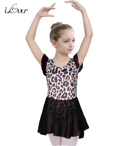 Girls Ruffle Sleeve Tutu Leotard Dress for Dance Ballet & Gymnastics - 5-6 Years Leopard-Black