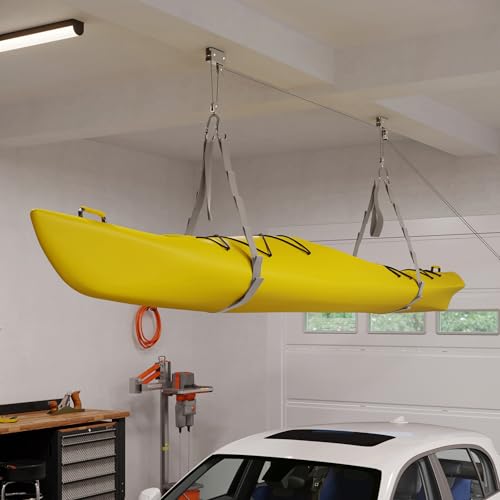 Kayak Storage Hoist System with Overhead Pulley for Garage or Shed