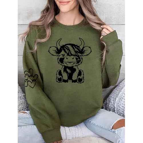 Women Highland Cow Sweatshirt Cute Cowgirl Gift Christmas Farm Sweatshirt Ribbon Long Sleeve Shirts