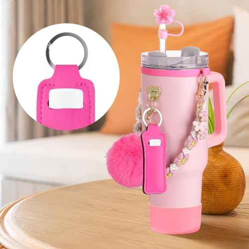Mity rain Cup Accessories for Stanley Cup 30oz 40oz Tumbler with Handle, Including Water Bottle Handle Strap, Chapstick Holder, Boot, Keychain Charms, Straw Topper Cover Cap for Stanley (Pink)
