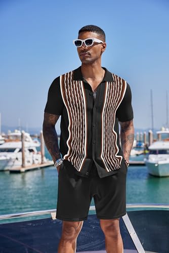 Men's 2 Piece Short Sleeve Polo Shirt and Beach Shorts Set - Black & Brown, Medium