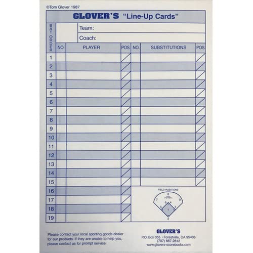 Glover's Scorebooks Baseball/Softball Line-Up Cards, Large (5.5X 8.5, 4 Part)