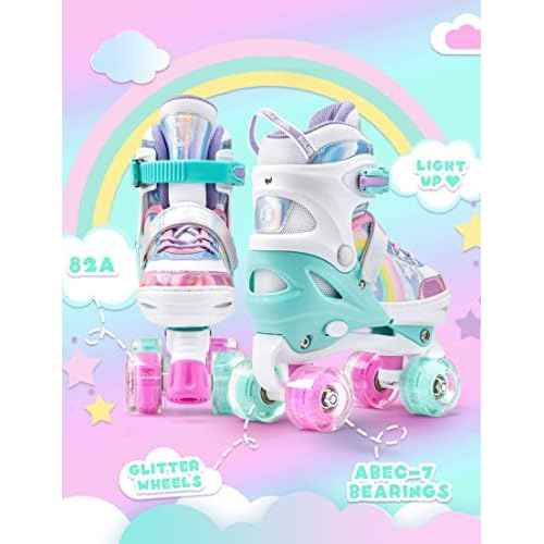 SULIFEEL Rainbow Unicorn 4 Size Adjustable Light up Roller Skates for Girls Boys for Kids