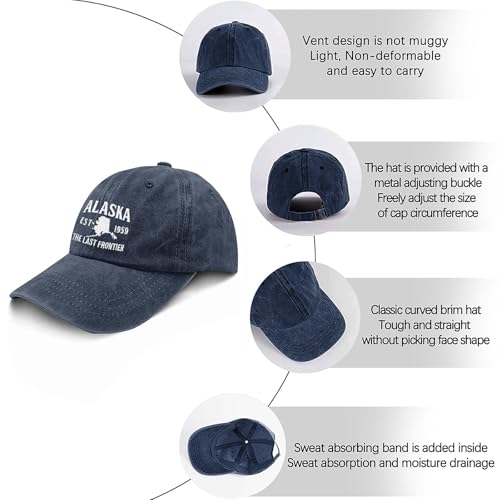 Washed Cotton Alaska Baseball Cap Adjustable Vintage Dad Hat Navy Blue Embroidered - One Size