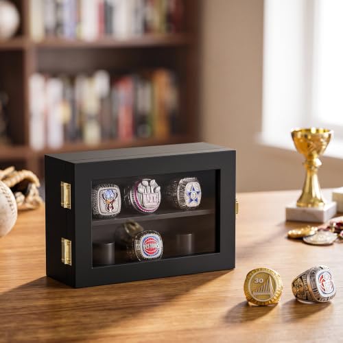 Wall Mount Championship Ring Display Case - 6 Rings Black Wood Glass Cover - Variation of THIS listing: 6 Posts-Black-Rectangle