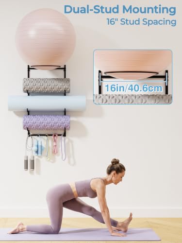 GIGIFTREE Wall Mount Yoga Ball & Mat Organizer - Adjustable Storage Rack