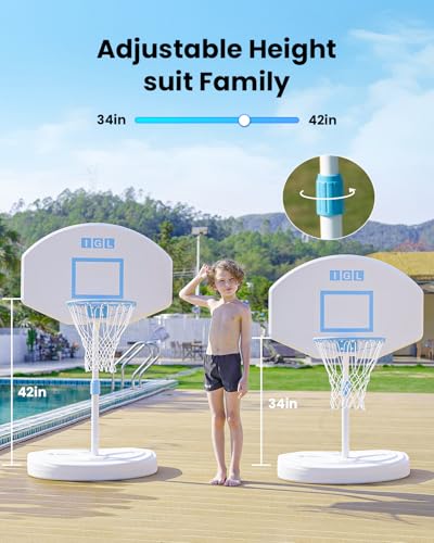 IGL Pool Basketball Hoop Poolside, Height Adjustable Swimming Basketball Hoop Outdoor for Pool, Anti-rust Stainless Steel Rim, Portable Basketball Goal System, Fillable Base, Includes 2 Balls and Pump