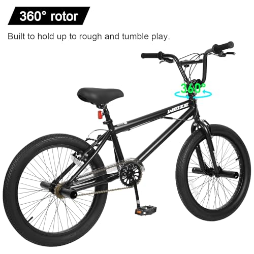 WEIZE Freestyle BMX Bike, 20 inch Trick Bicycle for Kids, Hi-Ten Steel Frame, 360 Degree Rotor Freestyle, 4 Pegs Single Speed Teen Bike for Boys Girls & Beginner-Level to Advanced Riders, Matte Black