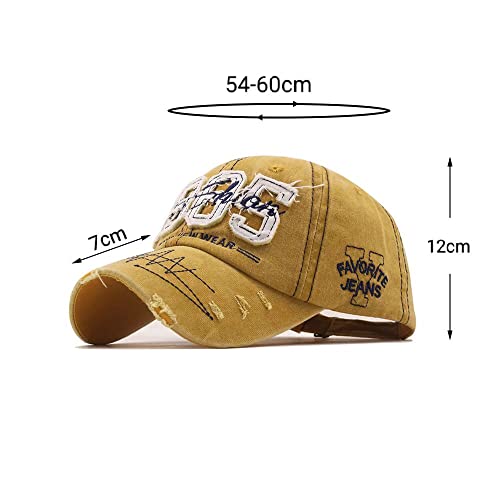 Washed Denim Baseball Cap for Men Women Adjustable Dad Trucker Hat - Yellow, 6 3/4-7 1/2