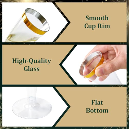 100 Pack Gold Rim Champagne Flutes - 4.5 oz Plastic Disposable Glasses