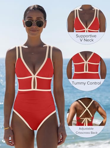 Neon Tummy Control One-Piece Swimsuit for Women - Medium Brick Red