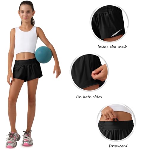 Girls Athletic Shorts with Liner - Large Black Quick-Dry Workout Sports Running Shorts with Zip Pocket