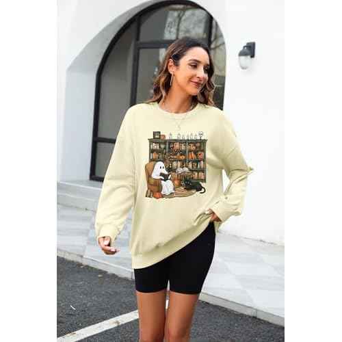 KIDDAD Halloween Sweatshirt for Women Ghosts Reading Books Graphic Long Sleeve Sweater Cute Spooky Bookish Shirts