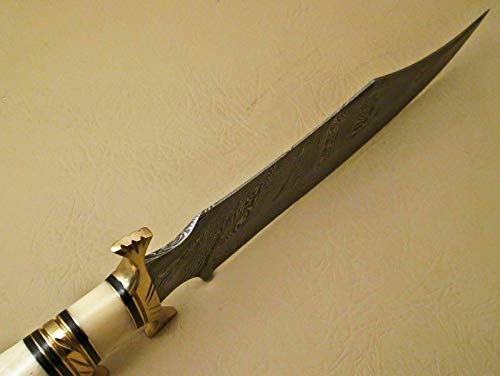Kidsnado Damascus Steel Hunting Knife 15 Inch Fixed Blade with Camel Bone Handle White