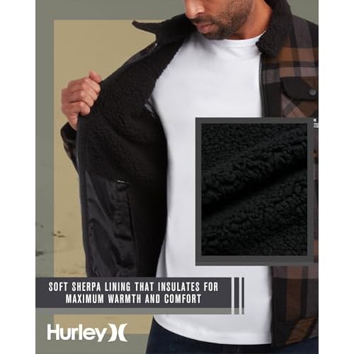 Hurley Mens Flannel Jacket - Soft Fleece Plaid Sherpa Lined Flannel Trucker Jacket - Warm Winter Jackets for Men