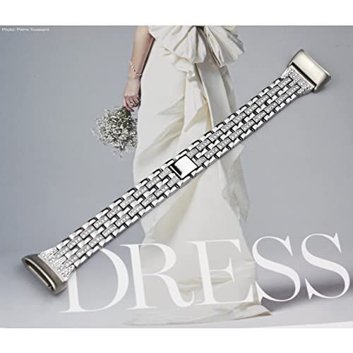 Silver Rhinestone Metal Bracelet Compatible with Fitbit Charge 6/5 - Luxurious Women's Wristband