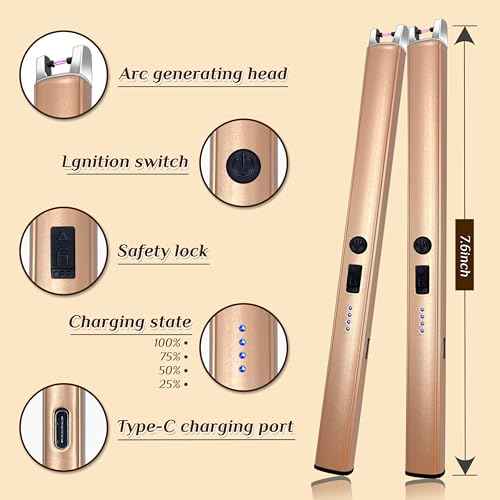 2 PCS Candle Lighter,Windproof Flameless Electric Lighter with LED Power Display £¦ Safety Switch, Upgraded Plasma USB Rechargeable Lighters for Birthday Camping BBQ (Champagne Gold)