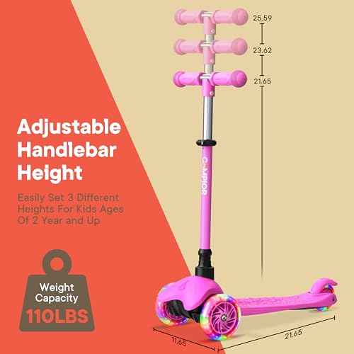 Pink Mini 3 Wheel Scooter for Kids ? Lean-to-Steer with LED Light-Up Wheels, Adjustable Handlebar, Wide Anti-Slip Deck, Smooth PU Wheels, Rear Foot Brake ? Toddler Scooter for Ages 2+