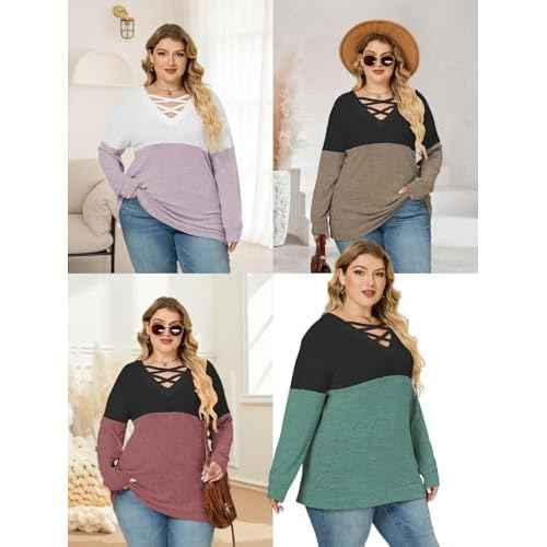 ROSRISS Womens Plus-Size Sweatshirts Casual Color Block Long Sleeve Tops Oversized Trendy Criss Cross V Neck Shirts XL-5XL
