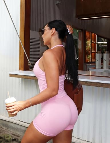 Pink 2 Piece Workout Sets for Women Halter Neck Tank Top & High Waist Scrunch Shorts - Medium