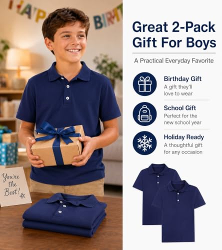 10 Years Navy Performance Polo Shirts for Boys - Pack of 2 School Uniforms