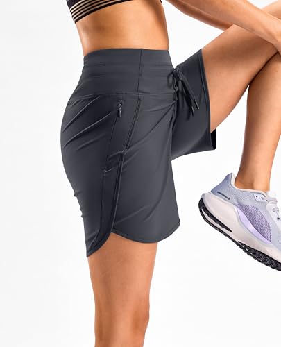 Women's 5 Inch Athletic Running Shorts with Zipper Pockets - Charcoal Large