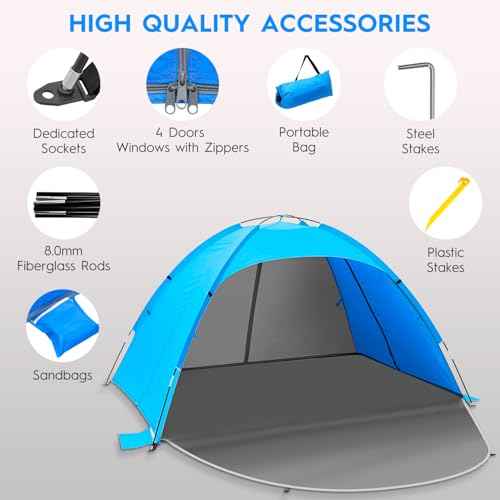 Beach Tent Sun Shelter for 3?4 People, UPF 50+ Beach Tent with Breathable 4-Door Design, 8.0mm Fiberglass Poles, Portable Sun Shade Canopy for Camping & Outdoor ? Blue