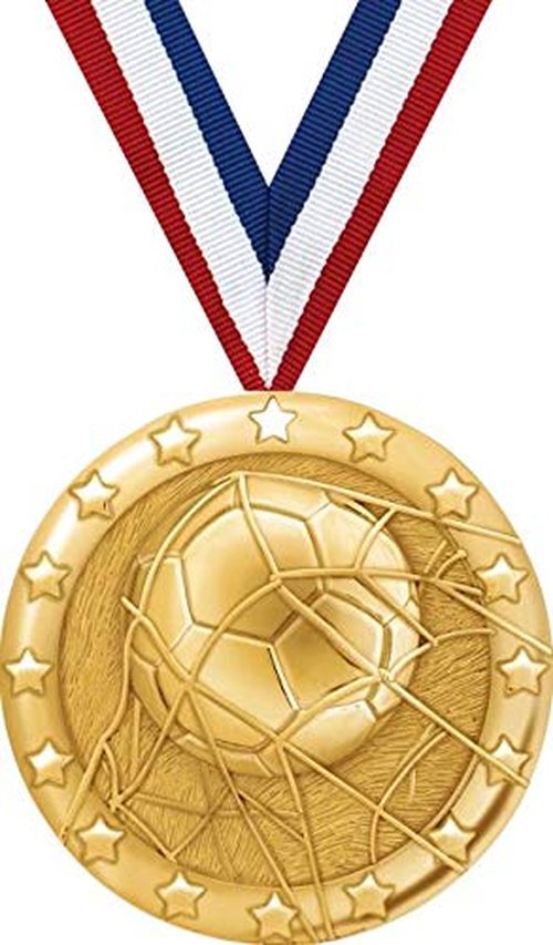 10 Pack Soccer Medals with Red White and Blue Neck Ribbons – 2" Gold Sports Award Medals for Kids, Teams, Tournaments, Youth Soccer, School Events
