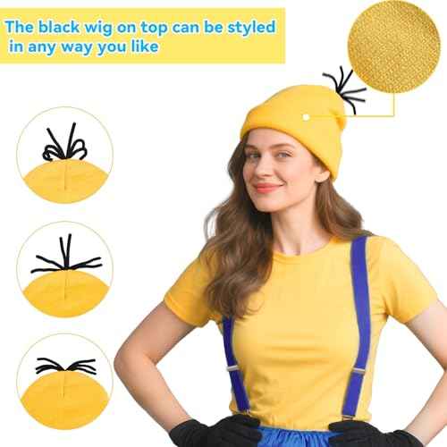 5 Pcs Halloween Costumes for Adult Women Girls Yellow Beanie Tutu Goggles Gloves Suspenders - Cosplay Party Dress Up Set