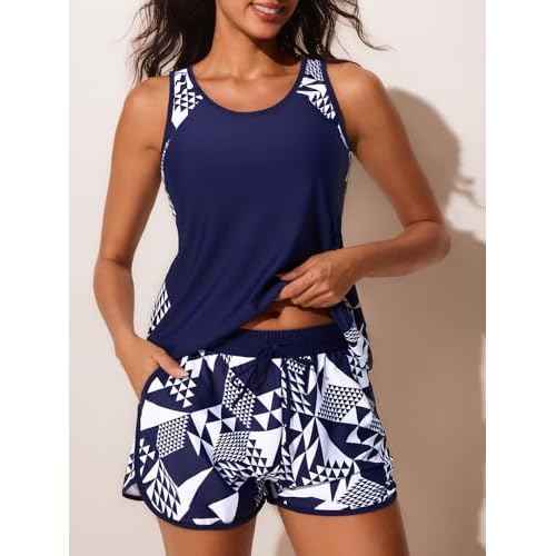 Summer Mae Blouson Tankini Swimsuits for Women 2025 Tummy Control Two Piece Bathing Suits with Sporty Pockets Swim Shorts