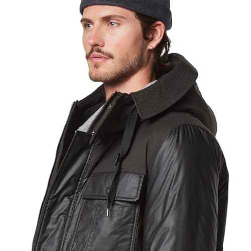 Andrew Marc mens Short Fabric Blocked Parka With a Sherpa Lined Hood Harrigan Hooded Cuff Tab With Adjustable Snap