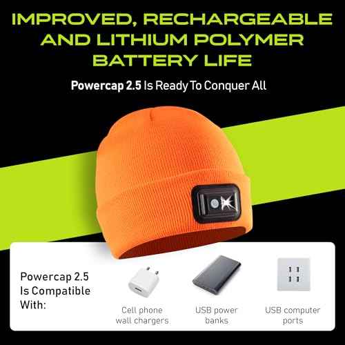 POWERCAP LED Hat Light 150 Lumens Rechargeable Fleece Beanie with Bright Built-in Headlamp Waterproof LED Warm One Size Cap (US, Alpha, One Size, Blaze Orange Knit)
