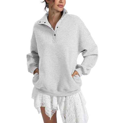 Womens Fleece Sweatshirts Oversized Henley Neck Long Sleeve Button Pullover Tops Trendy Outfits Clothes 2026