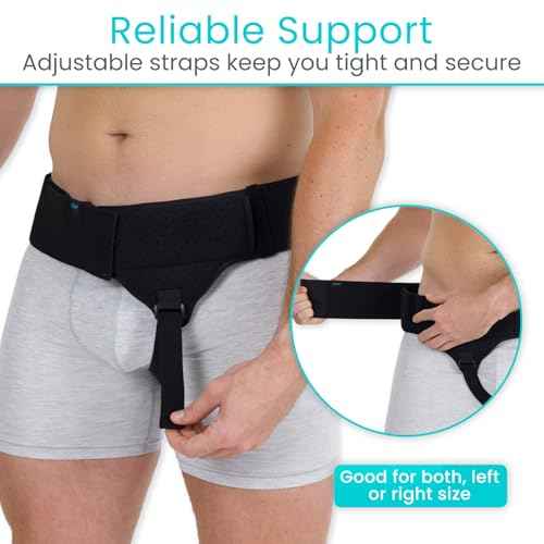 Vive Inguinal Hernia Belt for Men & Women - Left or Right Groin Support Truss for Targeted Compression, Pain Relief, Comfort, Pre & Post Surgery, Injury Recovery - 3 Removable Pressure Pads and Splint (Black)