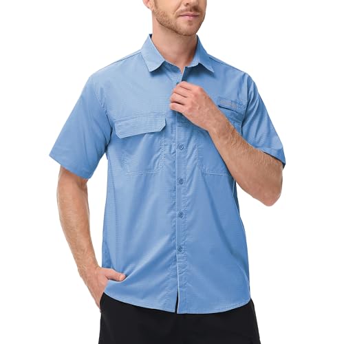 Satankud Fishing Shirts for Men Short Sleeve Sun Protection Cooling Hiking Shirt for Travel Safari Camping Work