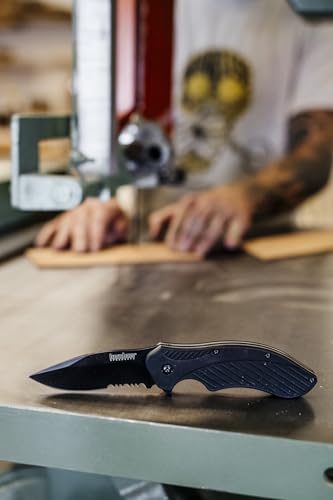 Kershaw Clash Black Serrated Pocketknife, 3" 8Cr13MoV Steel Drop Point Blade, Assisted One-Handed Flipper Opening, Folding Utility EDC